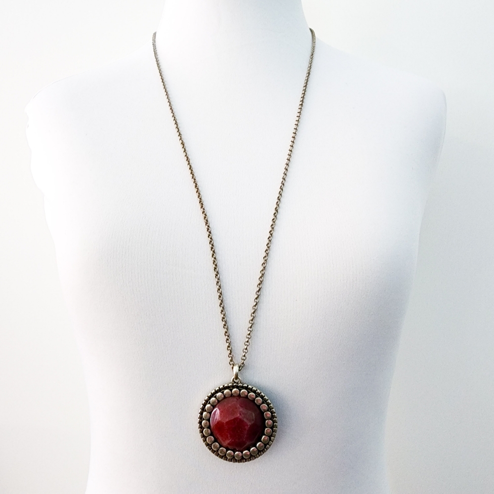 Lucky Brand red jade pendant necklace boho layer necklace silver
